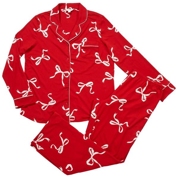 Womens Laura Ashley Long Sleeve Bows Notch Collar Pajama Set - image 