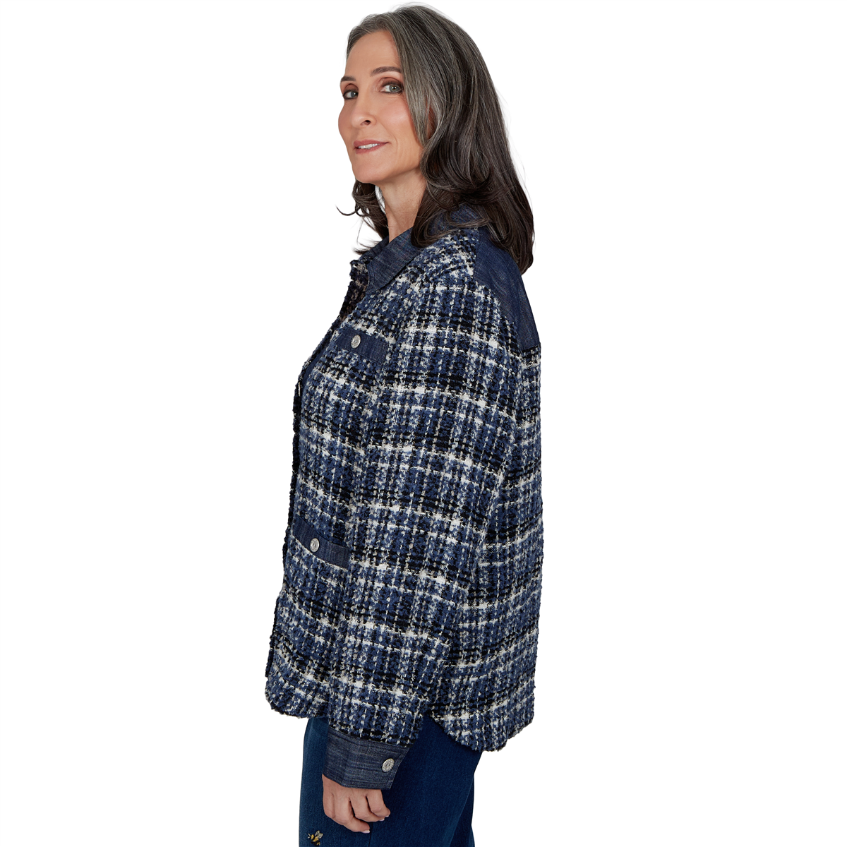 Petite Alfred Dunner Tuscany Denim Trim Plaid Eyelash Jacket