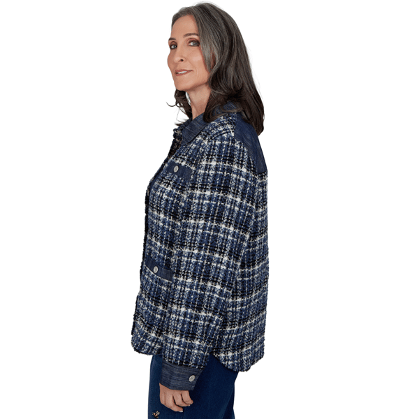 Petite Alfred Dunner Tuscany Denim Trim Plaid Eyelash Jacket