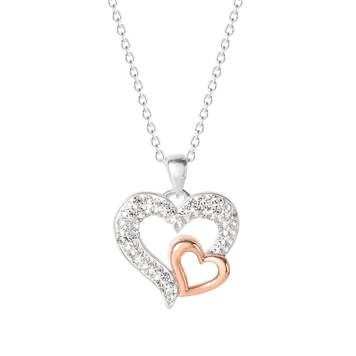 Silver Plated Brass Two-Tone Crystal Double Heart Necklace