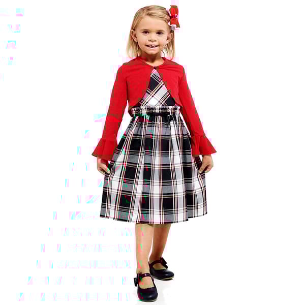 Girls &#40;4-6x&#41; Bonnie Jean Plaid Paperbag Dress w/ Cardigan - image 