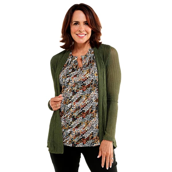 Womens Notations Long Sleeve Solid Perforated Open Cardigan - image 