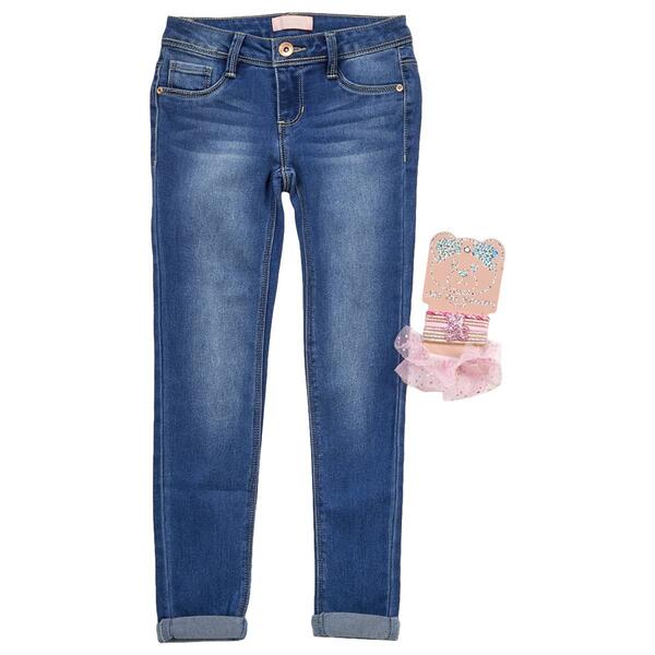 Girls &#40;7-12&#41; Squeeze Roll Cuff Skinny Jeans w/ Bear Hair Ties - image 