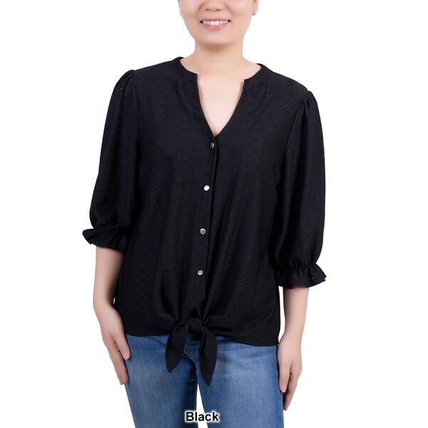 Petite NY Collection 3/4 Sleeve Eyelet Tie Front Button Down