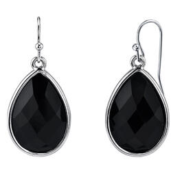 1928 Silver-Tone & Black Faceted Pear Shape Dangle Drop Earrings