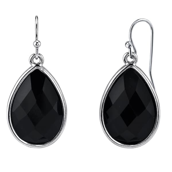 1928 Silver-Tone & Black Faceted Pear Shape Dangle Drop Earrings - image 