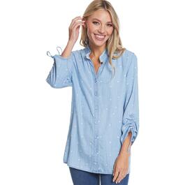 Womens Multiples 3/4 Tie Sleeve Button Front Dot Denim Shirt