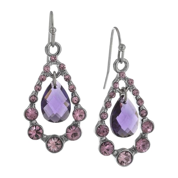 1928 Silver-Tone & Purple Suspended Teardrop Earrings - image 