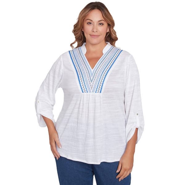 Plus Size Ruby Rd. Bella Vista Knit Embroidered Slub Blouse - image 