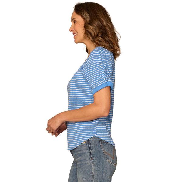 Womens Democracy Short Ruch Sleeve V Neck Stripe Blouse