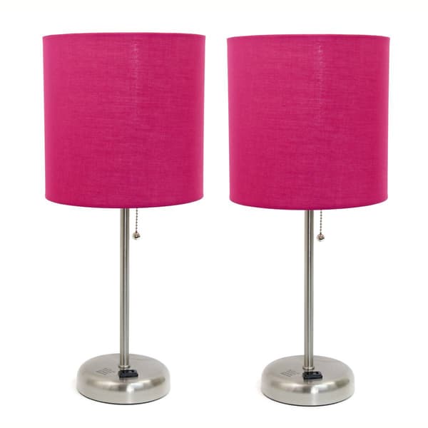 LimeLights Brush Steel Lamp w/Charging Outlet/Pink Shade-Set of 2