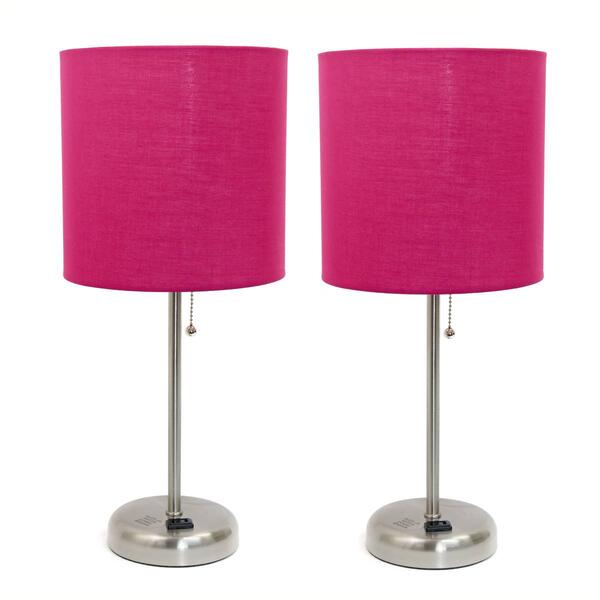 LimeLights Brush Steel Lamp w/Charging Outlet/Pink Shade-Set of 2 - image 