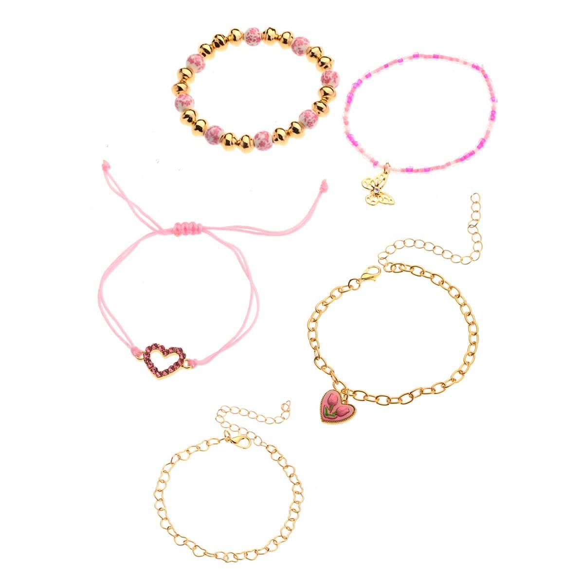 Ashley Pink & Gold-Tone Charm Beaded Bracelet Stack