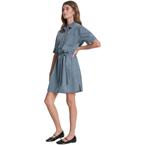 Womens DKNY Short Sleeve Tie Waist Denim Shirtdress