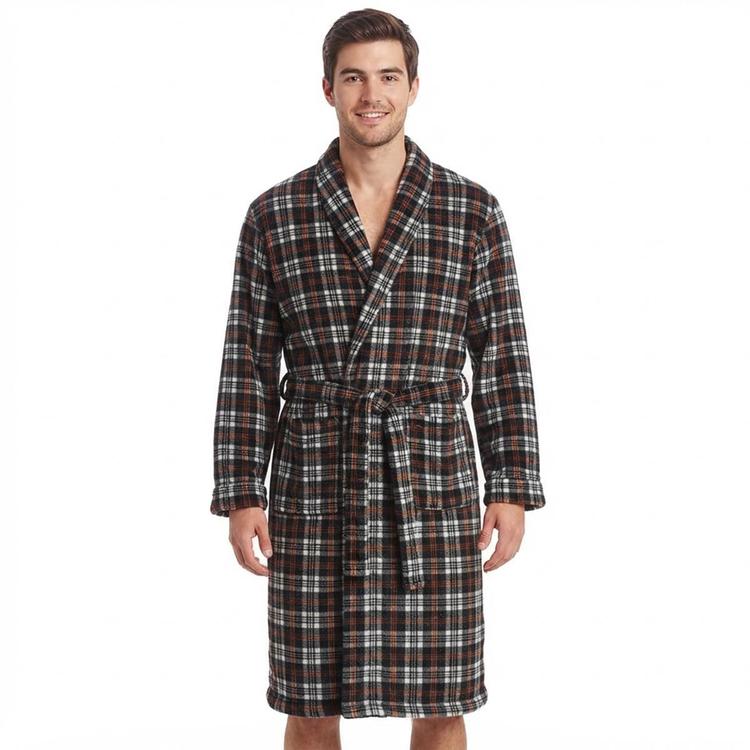 Mens Preswick & Moore(R) Plaid Velvet Robe - Black/White