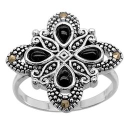 Marsala 20mm Silver Plated Marcasite & Onyx Inlay Ring