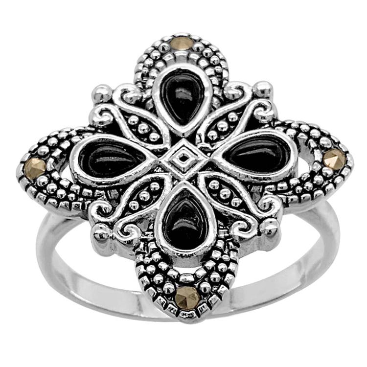 Marsala 20mm Silver Plated Marcasite & Onyx Inlay Ring