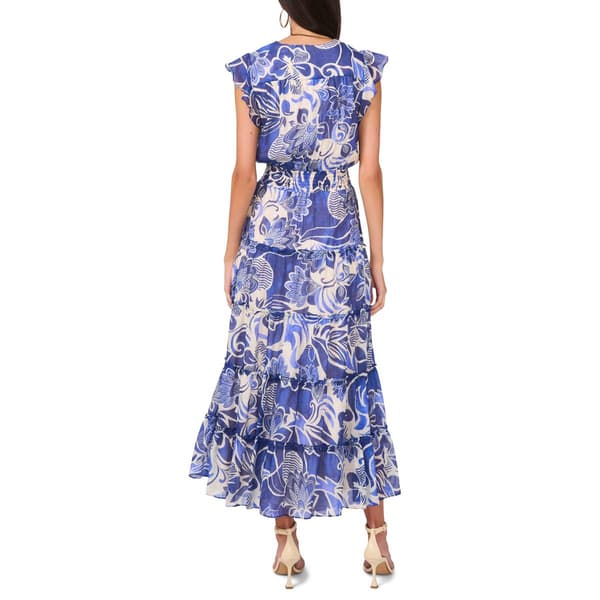 Womens MSK Flutter Cap Sleeve Tiered Floral Midi Dress