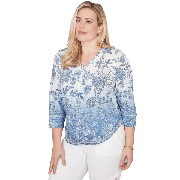 Petite Alfred Dunner Out Of The Blue Floral Ombre Henley Tee