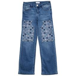 Girls (7-16) Blue Spice Heart & Bow Bling Patch Straight Jeans