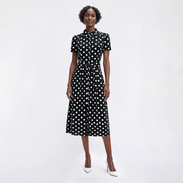 Petite Kasper Short Puff Sleeve Dot Midi Shirtdress