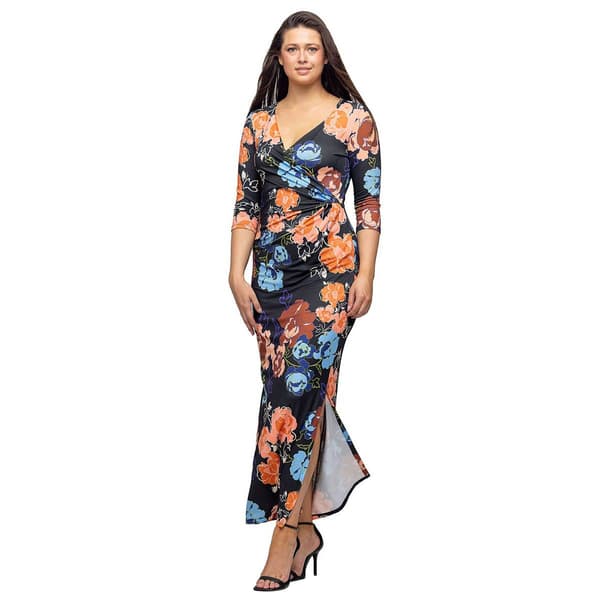 Womens 24/7 Comfort Apparel Black Floral Side Slit Maxi Dress