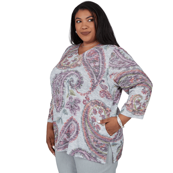Plus Size Alfred Dunner Vail 3/4 Sleeve V-Neck Paisley Blouse
