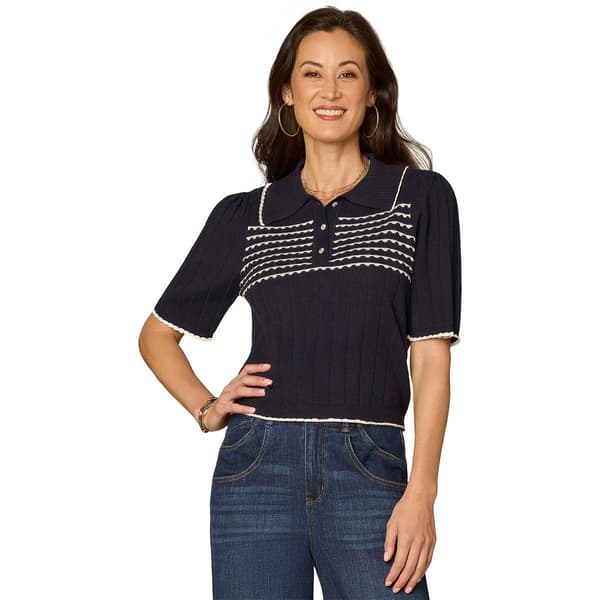 Womens Democracy Elbow Sleeve Scallop Stripe Rib Knit Sweater - image 