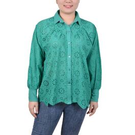 Womens NY Collection 3/4 Sleeve Button Down Eyelet Top-Golf Green