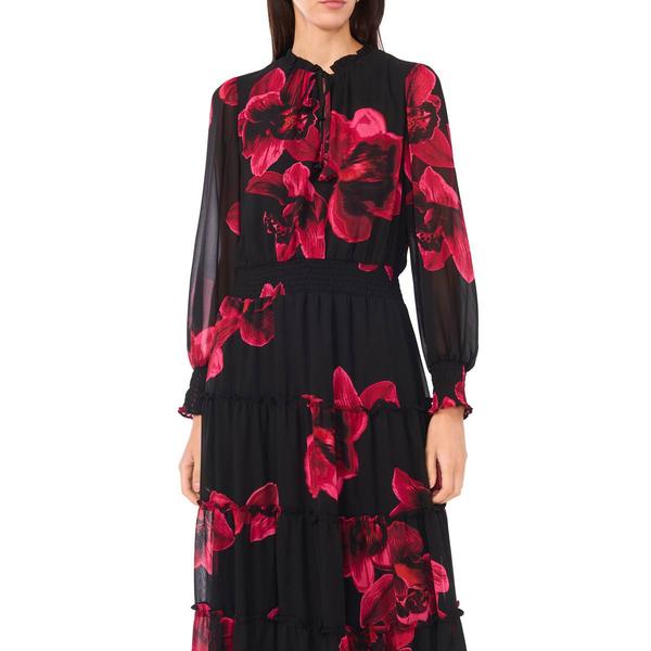 Womens MSK Long Sheer Sleeve Tie Neck Floral Tier Maxi Dress