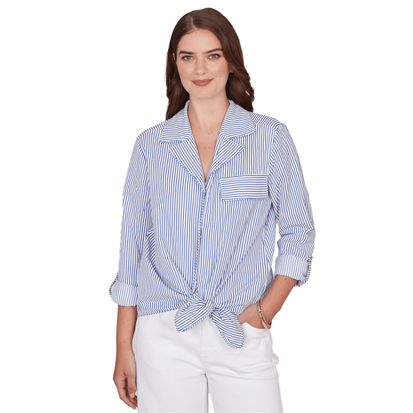 Petite Ruby Rd. Set Sail Snap Front Tie Hem Pucker Stripe Top - image 