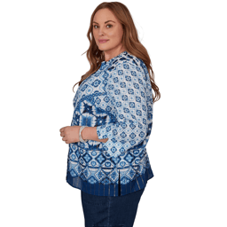 Plus Size Alfred Dunner Indigo Girls 3/4 Sleeve Patchwork Blouse