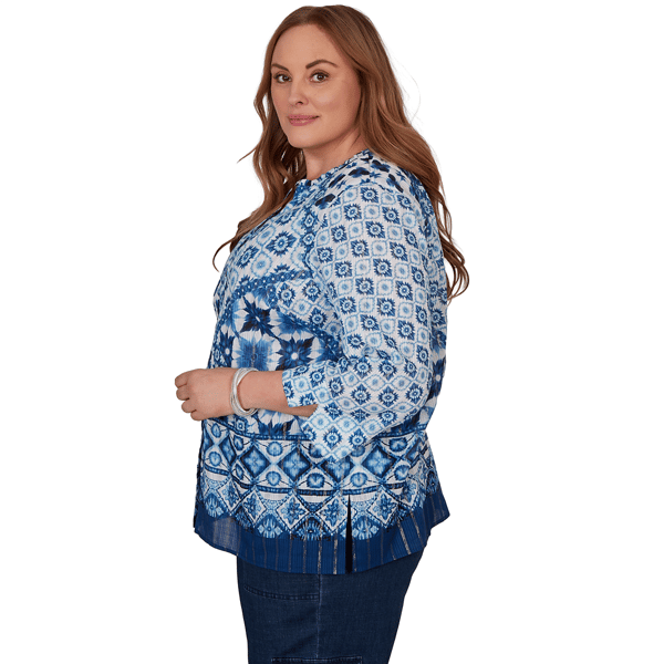 Plus Size Alfred Dunner Indigo Girls 3/4 Sleeve Patchwork Blouse