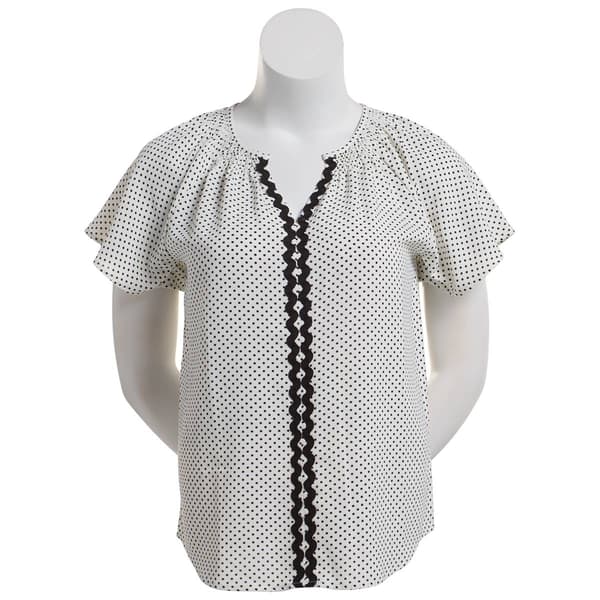 Womens Como Blu Short Flutter Sleeve Dot Blouse w/Trim Placket