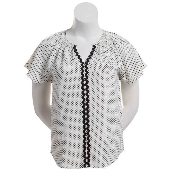Womens Como Blu Short Flutter Sleeve Dot Blouse w/Trim Placket - image 