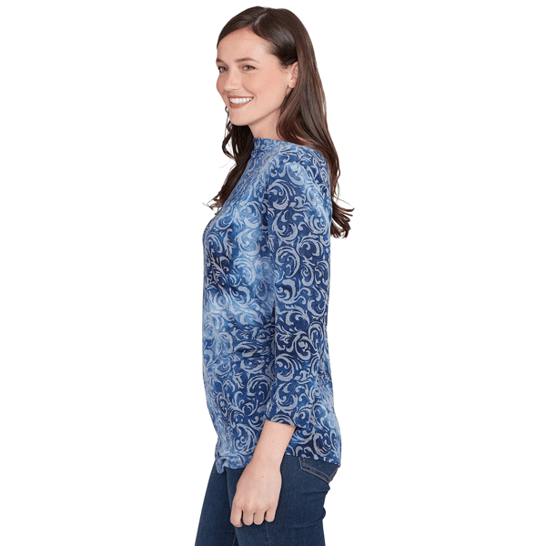 Petite Ruby Rd. Indigo Go Tie Dye Scroll Hacci Blouse