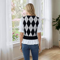 Womens Nanette Lepore Short Puff Sleeve Argyle Two In One Sweater