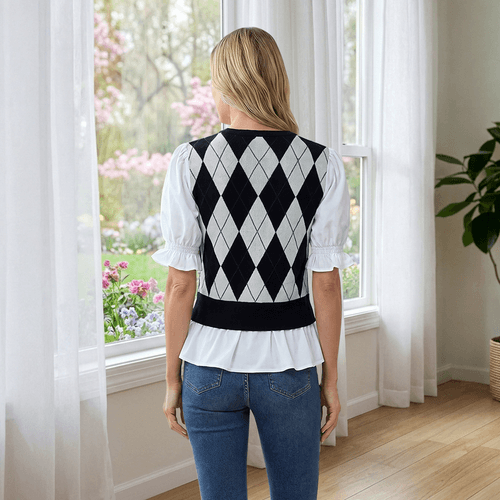 Womens Nanette Lepore Short Puff Sleeve Argyle Two In One Sweater