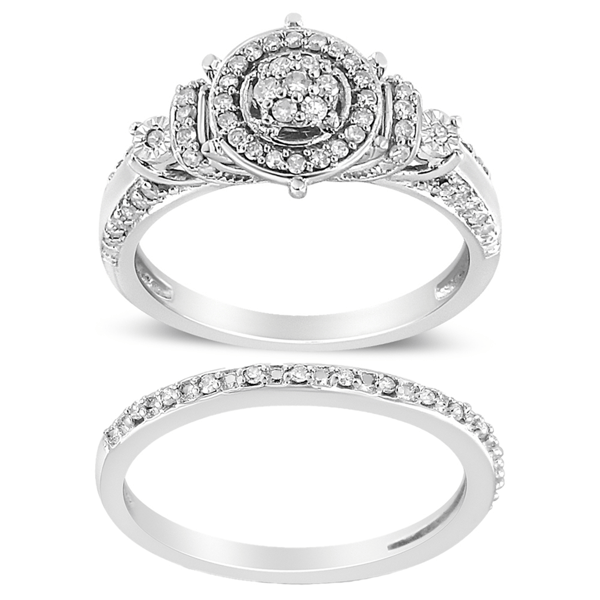 Haus of Brilliance Diamond Cluster & Halo Wedding Band Set - image 