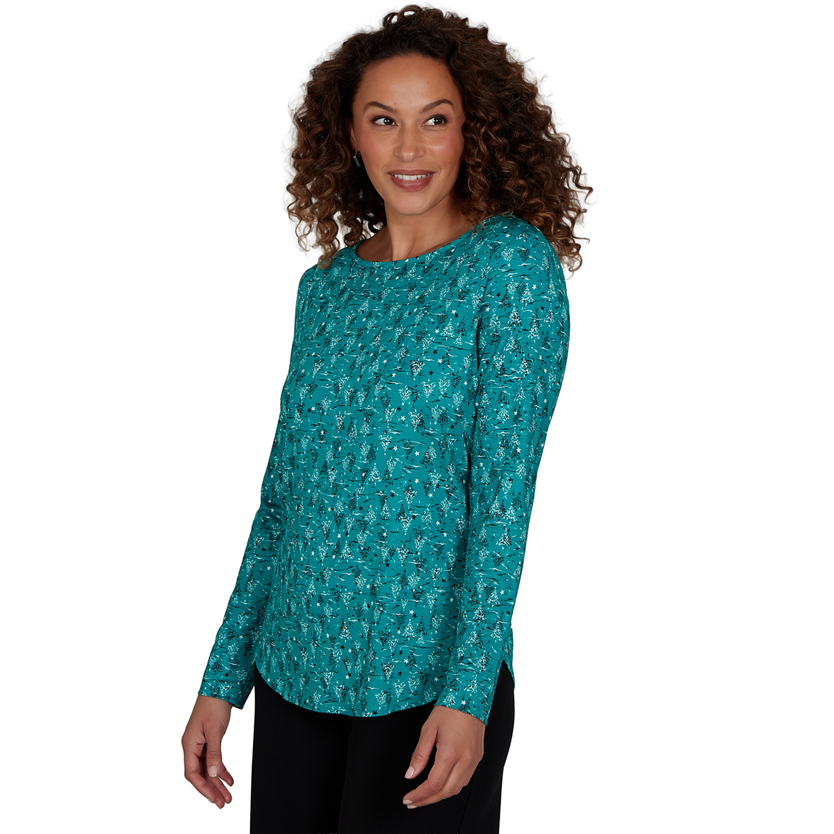 Womens Emaline Holiday Festivities Allover Tree and Stars Tee