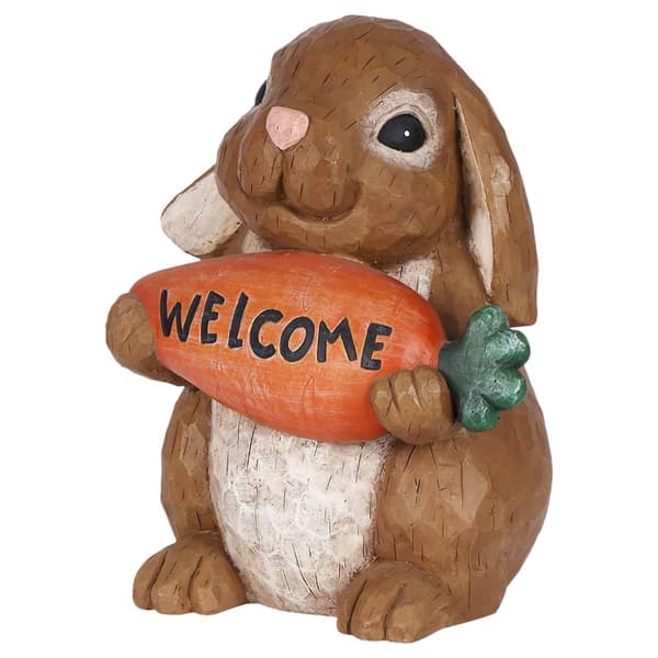 Hi-Line Gift Rabbit Holding Carrot Welcome Sign Garden Statue