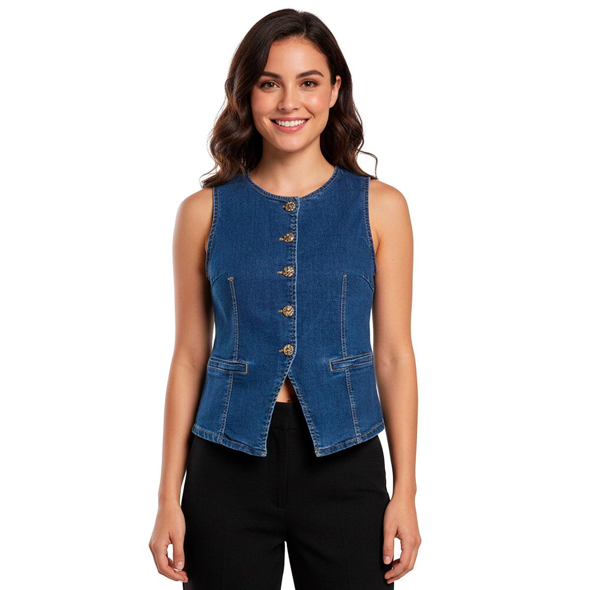 Juniors Love Tree Button Front Long Denim Vest