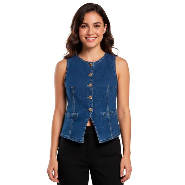 Juniors Love Tree Button Front Long Denim Vest - image 