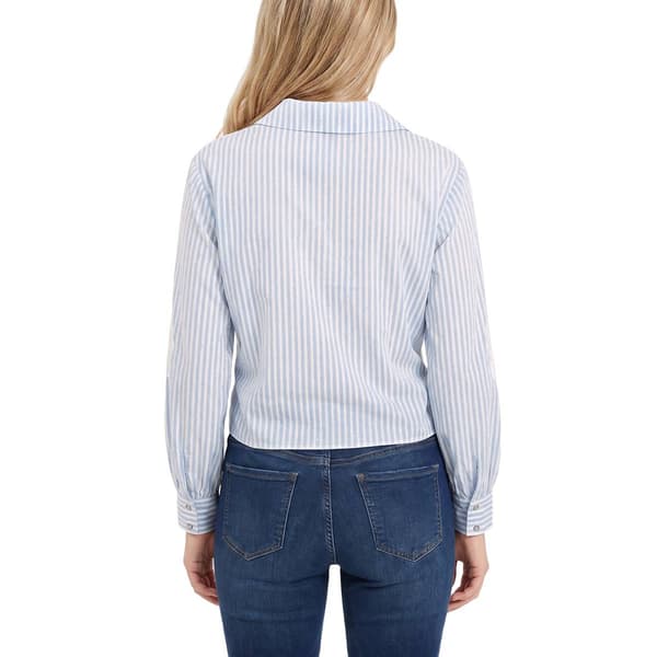 Womens NY Collection Long Embroidery Sleeve Stripe Tie Hem Blouse