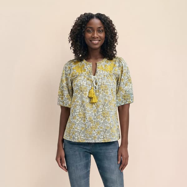 Womens MNK Elbow Sleeve Tie Keyhole Neck Floral Blouse - image 