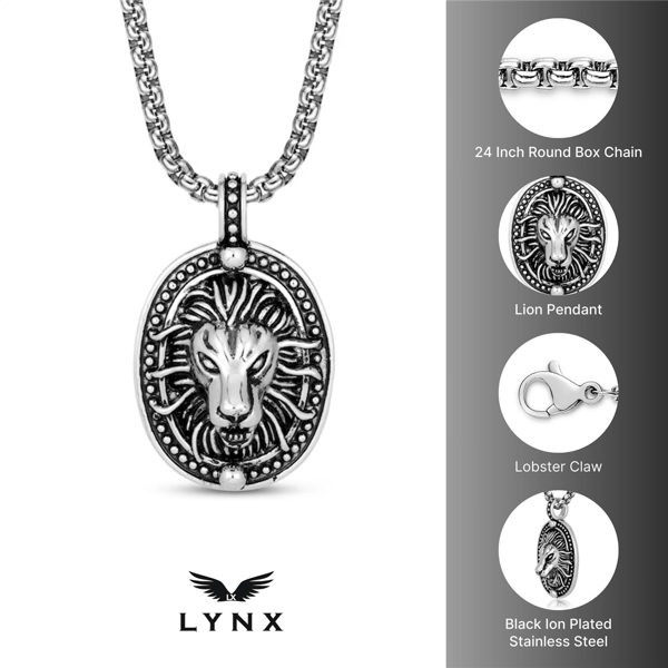 Mens Lynx Black Ion Plated Stainless Steel Lion Pendant Necklace