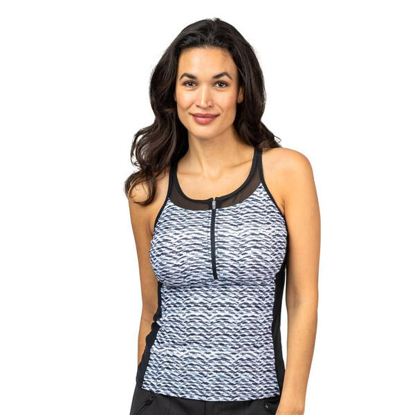 Womens Free Country Crochet Wave Racer-Back Zip Swim Top - image 