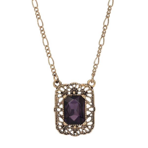 1928 Gold Tone & Amethyst Square Pendant Figaro chain Necklace - image 