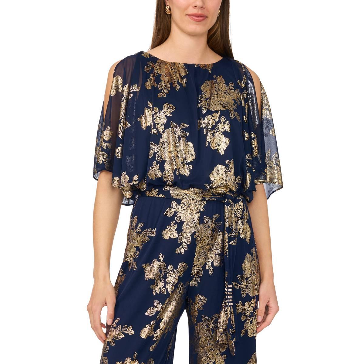 Petite MSK Cold Shoulder Blouson Tie Waist Foil Leaf Jumpsuit