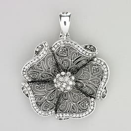 Wearable Art Silver-Tone Filigree Crystal Flower Pendant